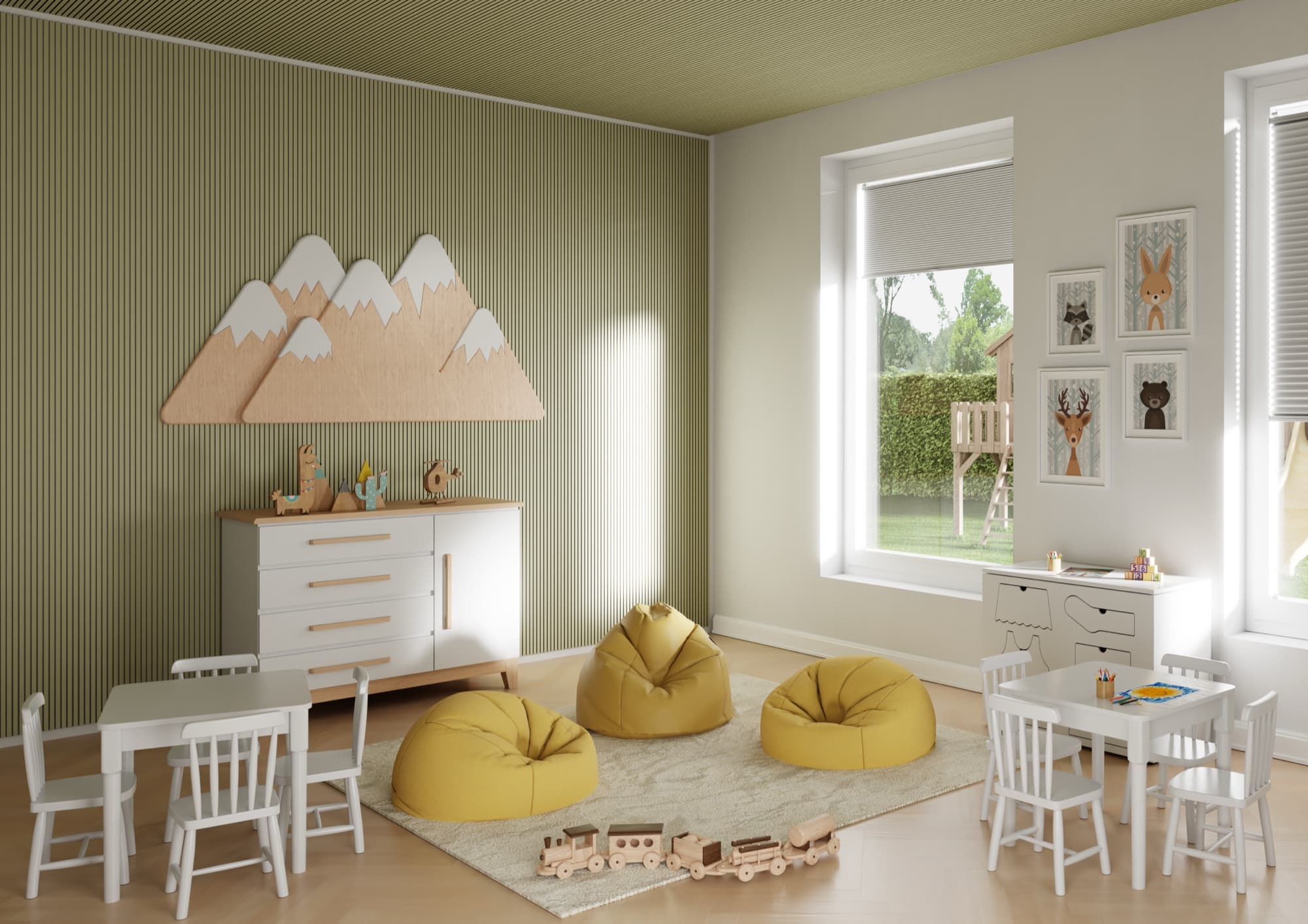 Olive green smartline acoustic panels in a nursery playroom