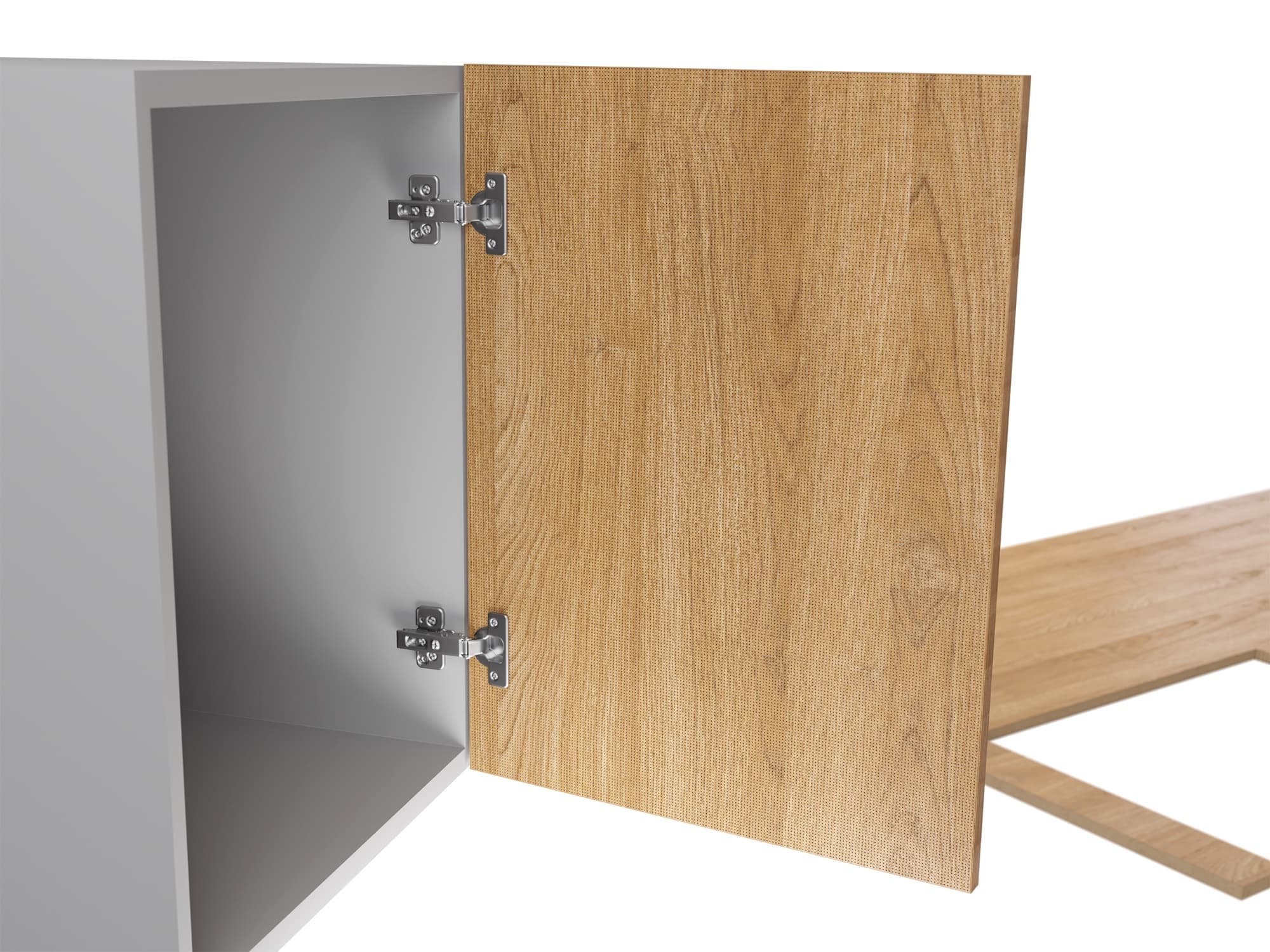 proline finest furniture board used as a cabinet door, micro-perforated on the face, shown open on its hinges