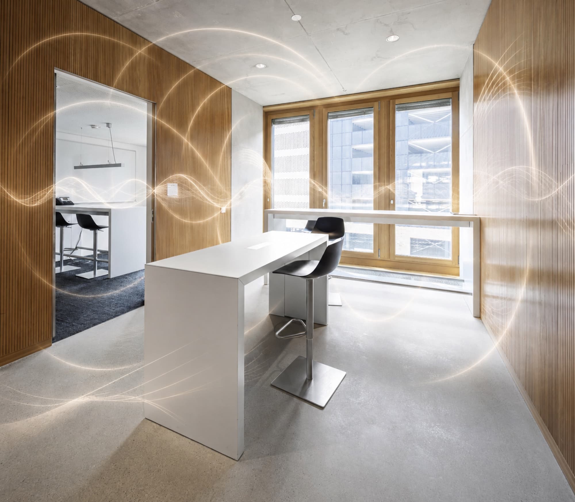 Sound waves illustrated over a wood-panelled office interior
